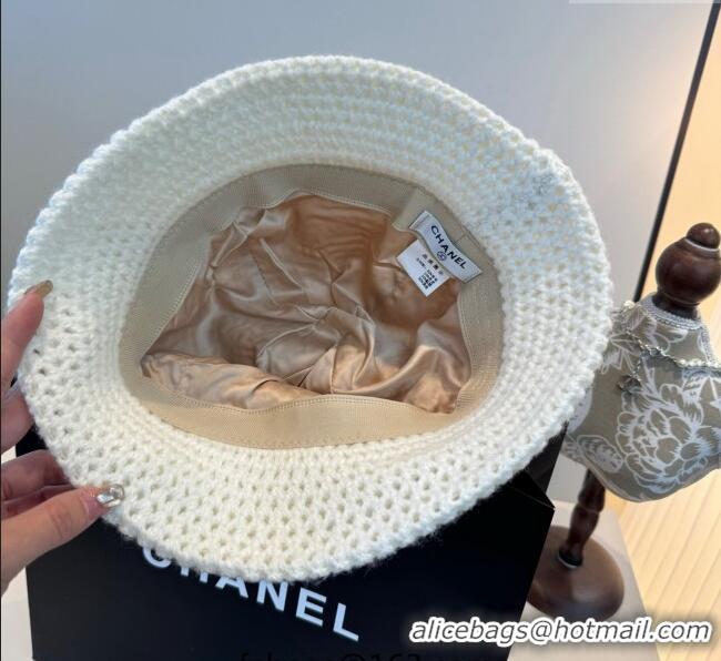Shop Discount Chanel Knit Bucket Hat with Camellia Bloom CH111101 White 2025