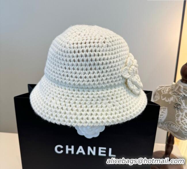 Shop Discount Chanel Knit Bucket Hat with Camellia Bloom CH111101 White 2025