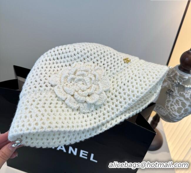 Shop Discount Chanel Knit Bucket Hat with Camellia Bloom CH111101 White 2025