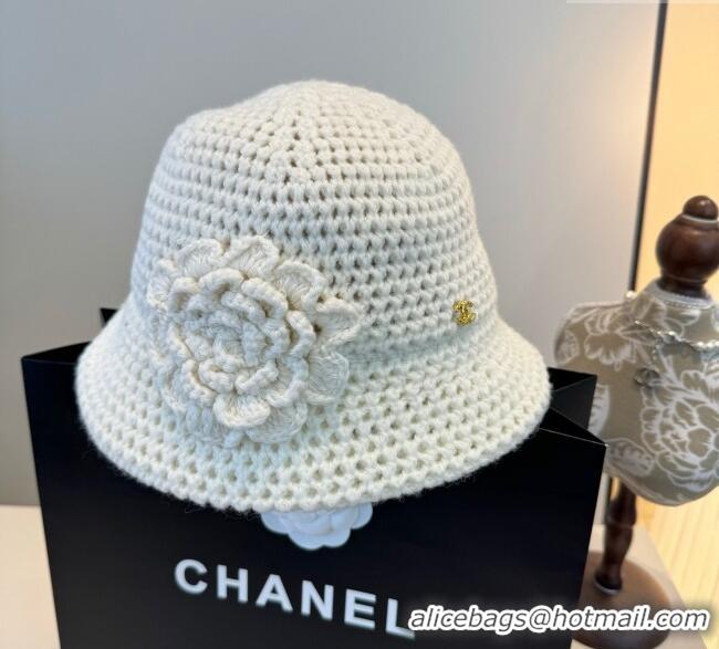 Shop Discount Chanel Knit Bucket Hat with Camellia Bloom CH111101 White 2025