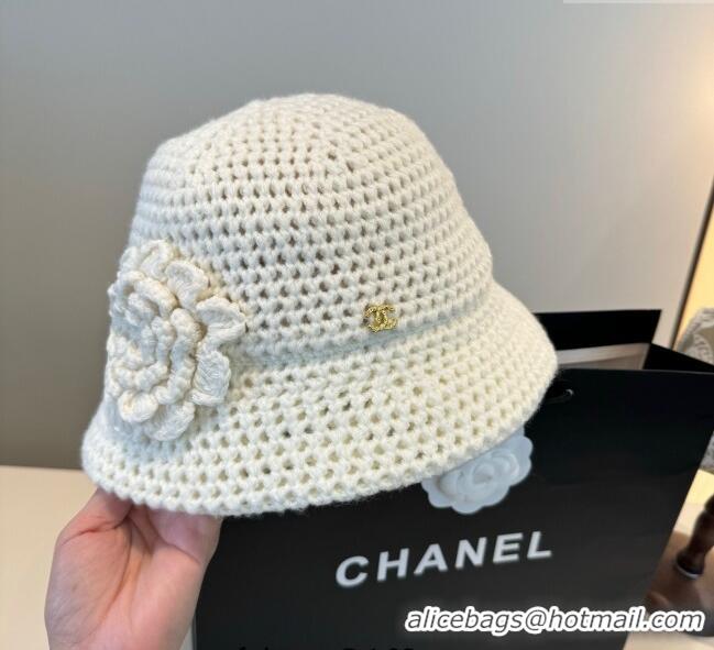 Shop Discount Chanel Knit Bucket Hat with Camellia Bloom CH111101 White 2025