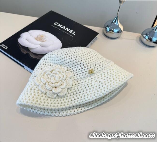 Shop Discount Chanel Knit Bucket Hat with Camellia Bloom CH111101 White 2025