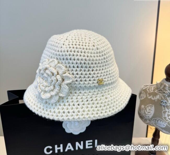 Shop Discount Chanel Knit Bucket Hat with Camellia Bloom CH111101 White 2025