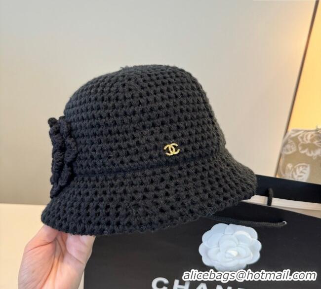 Well Crafted Chanel Knit Bucket Hat with Camellia Bloom CH111101 Black 2025