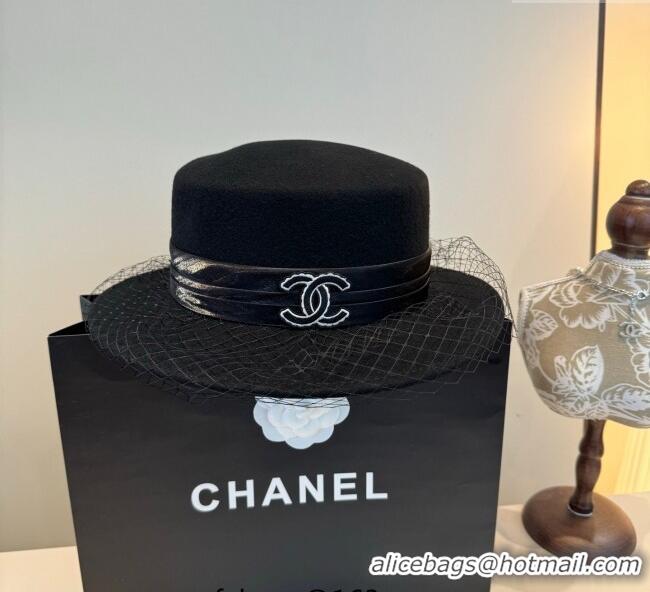 Luxury Classic Chanel Wool Wide Brim Hat with Mesh CH111103 Black 2025
