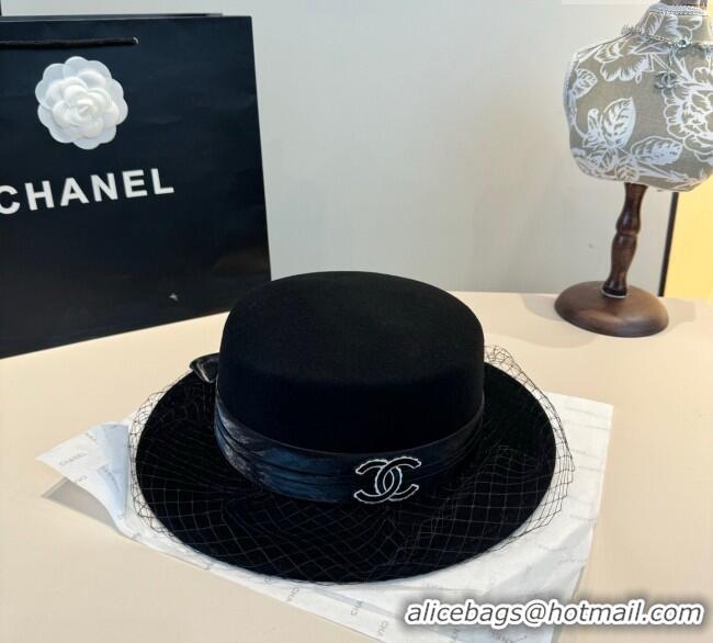 Luxury Classic Chanel Wool Wide Brim Hat with Mesh CH111103 Black 2025