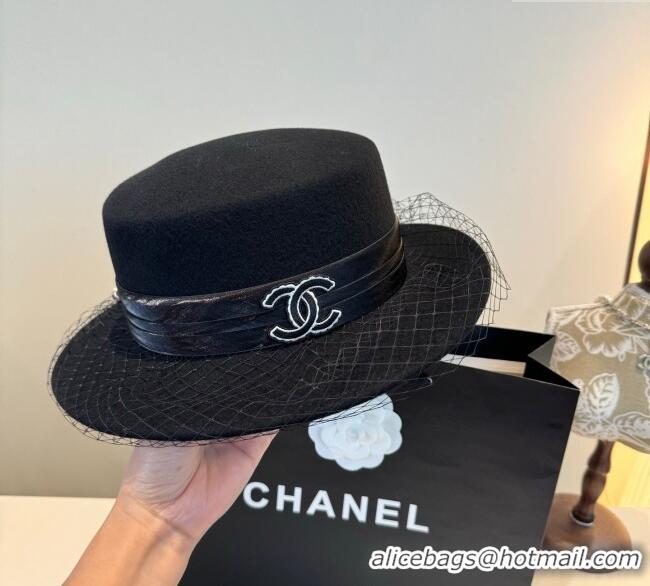 Luxury Classic Chanel Wool Wide Brim Hat with Mesh CH111103 Black 2025
