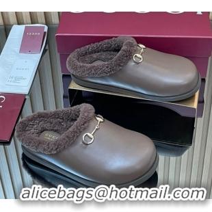 AAAAA Gucci Leather and Wool Flat Mules with Horsebit Dark Brown 1020001