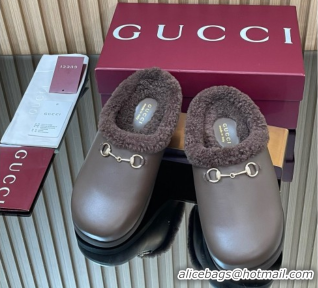 AAAAA Gucci Leather and Wool Flat Mules with Horsebit Dark Brown 1020001