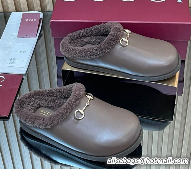 AAAAA Gucci Leather and Wool Flat Mules with Horsebit Dark Brown 1020001
