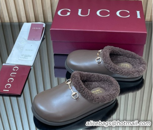AAAAA Gucci Leather and Wool Flat Mules with Horsebit Dark Brown 1020001