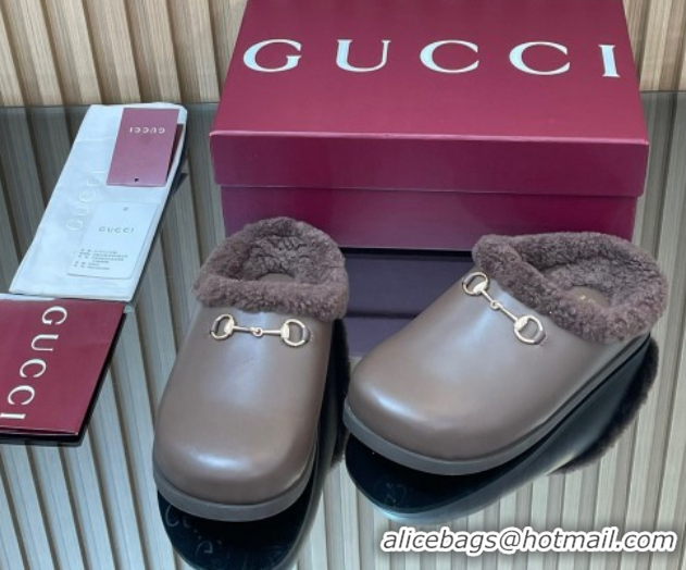 AAAAA Gucci Leather and Wool Flat Mules with Horsebit Dark Brown 1020001