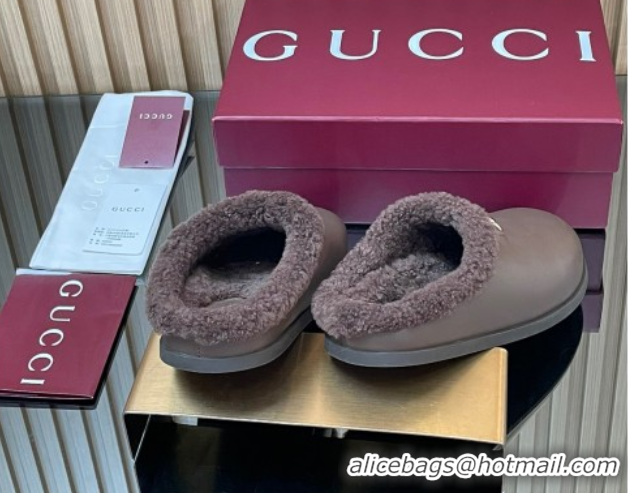 AAAAA Gucci Leather and Wool Flat Mules with Horsebit Dark Brown 1020001