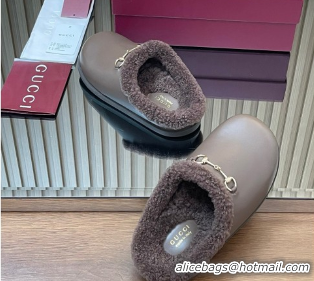 AAAAA Gucci Leather and Wool Flat Mules with Horsebit Dark Brown 1020001
