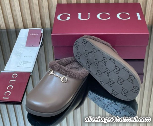AAAAA Gucci Leather and Wool Flat Mules with Horsebit Dark Brown 1020001