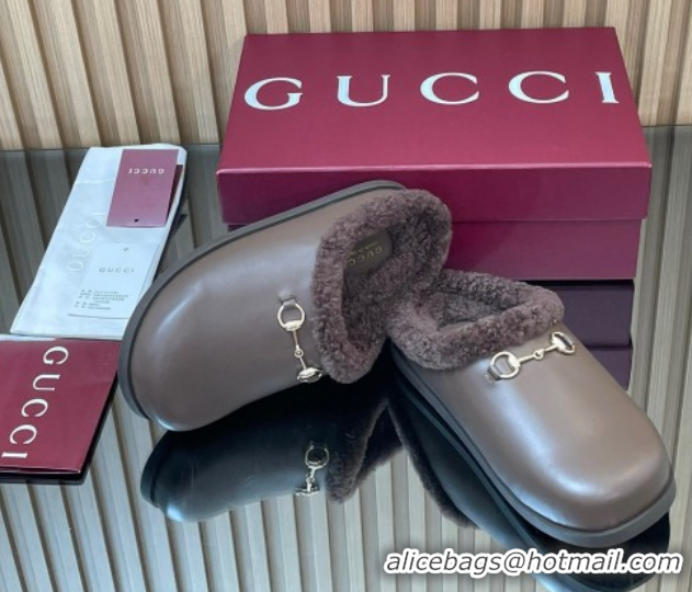 AAAAA Gucci Leather and Wool Flat Mules with Horsebit Dark Brown 1020001