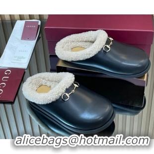 Good Product Gucci Leather and Wool Flat Mules with Horsebit Black 1020002