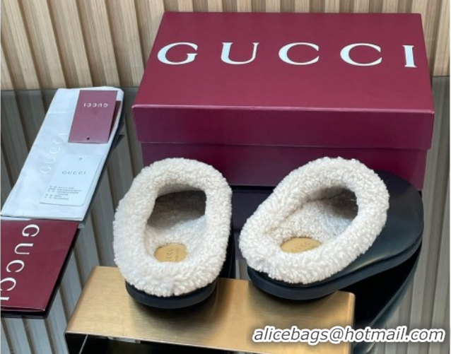 Good Product Gucci Leather and Wool Flat Mules with Horsebit Black 1020002