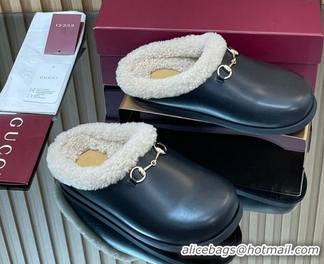 Good Product Gucci Leather and Wool Flat Mules with Horsebit Black 1020002
