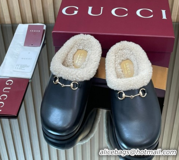Good Product Gucci Leather and Wool Flat Mules with Horsebit Black 1020002