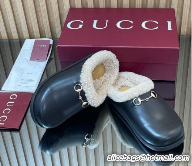 Good Product Gucci Leather and Wool Flat Mules with Horsebit Black 1020002