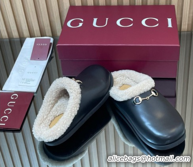 Good Product Gucci Leather and Wool Flat Mules with Horsebit Black 1020002