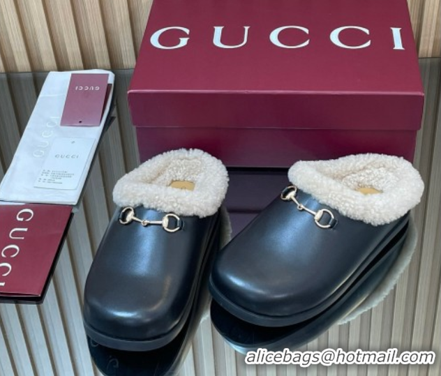 Good Product Gucci Leather and Wool Flat Mules with Horsebit Black 1020002