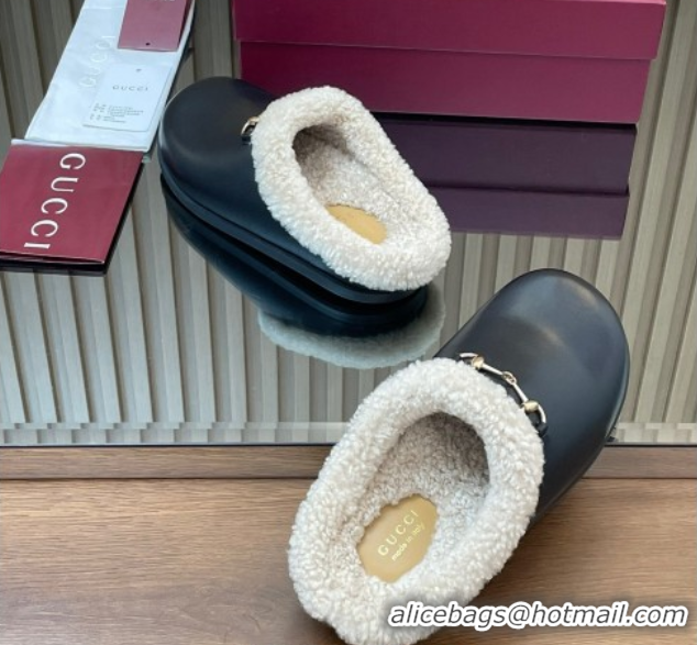 Good Product Gucci Leather and Wool Flat Mules with Horsebit Black 1020002