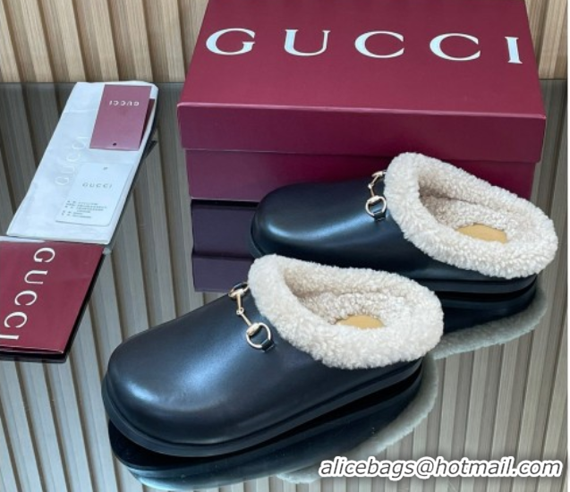 Good Product Gucci Leather and Wool Flat Mules with Horsebit Black 1020002