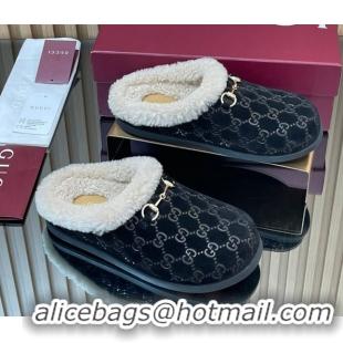 Best Price Gucci GG Suede and Wool Flat Mules with Horsebit Black 836057 1020003
