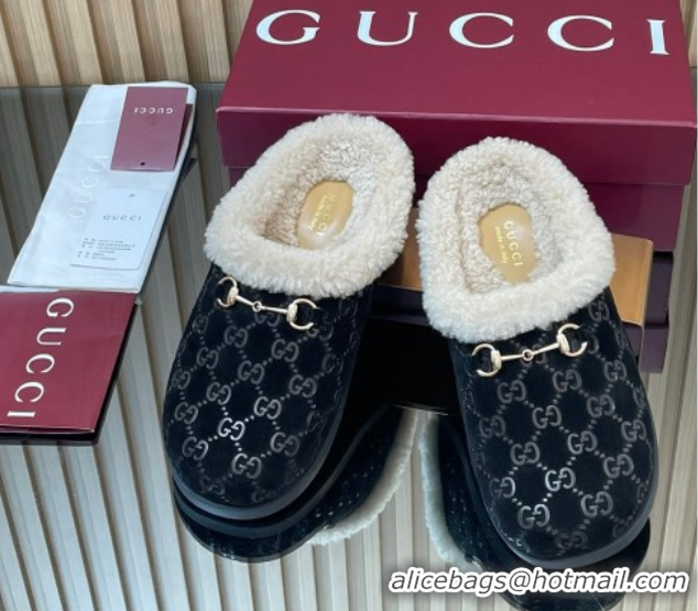 Best Price Gucci GG Suede and Wool Flat Mules with Horsebit Black 836057 1020003