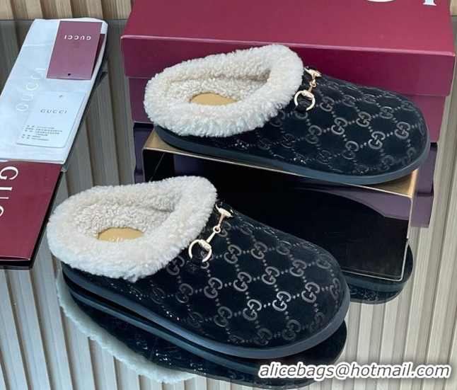 Best Price Gucci GG Suede and Wool Flat Mules with Horsebit Black 836057 1020003