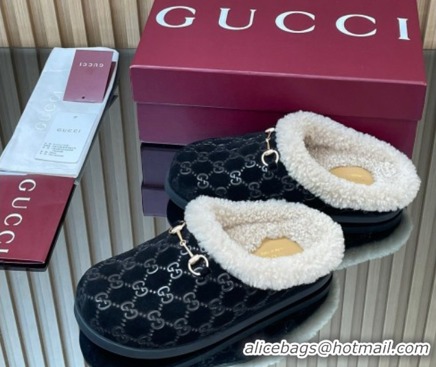 Best Price Gucci GG Suede and Wool Flat Mules with Horsebit Black 836057 1020003