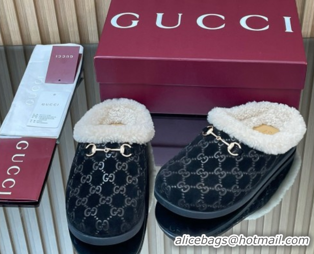 Best Price Gucci GG Suede and Wool Flat Mules with Horsebit Black 836057 1020003