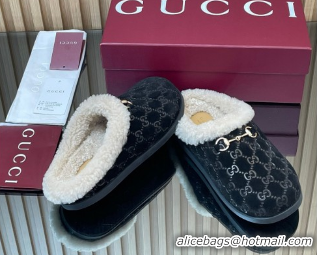Best Price Gucci GG Suede and Wool Flat Mules with Horsebit Black 836057 1020003
