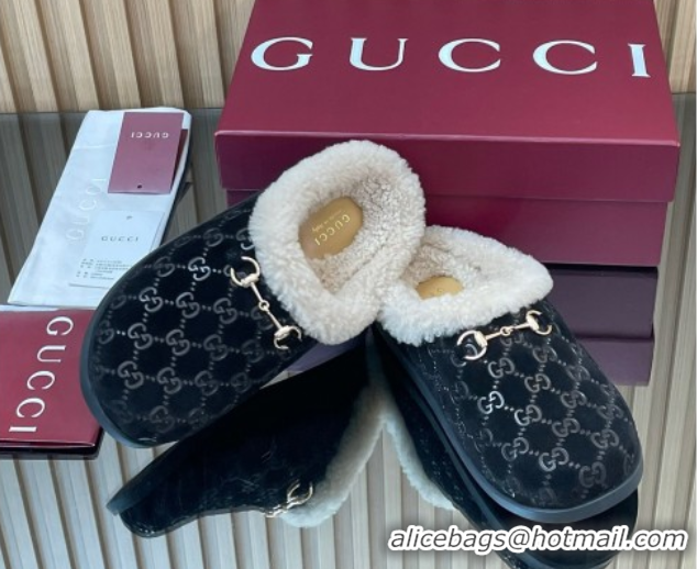 Best Price Gucci GG Suede and Wool Flat Mules with Horsebit Black 836057 1020003