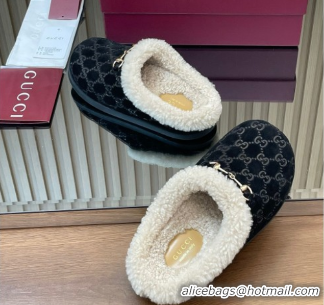 Best Price Gucci GG Suede and Wool Flat Mules with Horsebit Black 836057 1020003