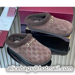 Reasonable Price Gucci GG Suede and Wool Flat Mules with Horsebit Dark Brown 836057 1020004