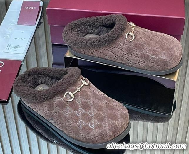 Reasonable Price Gucci GG Suede and Wool Flat Mules with Horsebit Dark Brown 836057 1020004