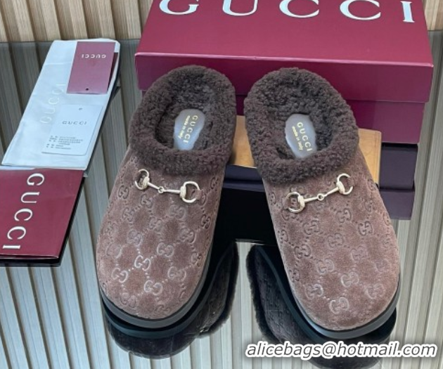 Reasonable Price Gucci GG Suede and Wool Flat Mules with Horsebit Dark Brown 836057 1020004