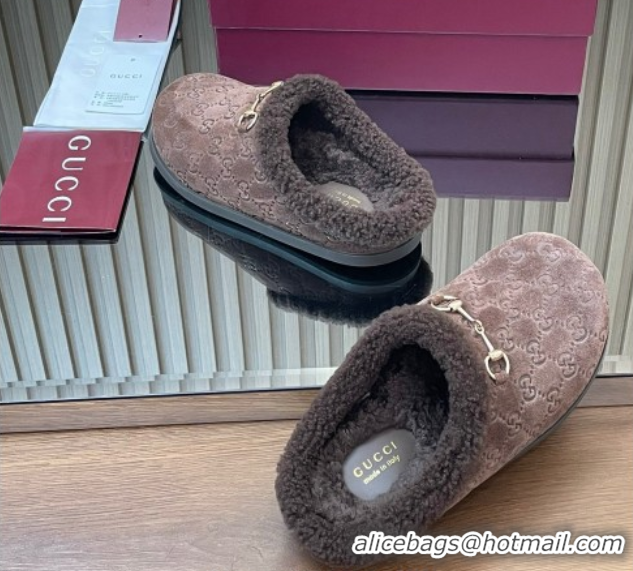 Reasonable Price Gucci GG Suede and Wool Flat Mules with Horsebit Dark Brown 836057 1020004