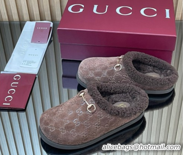 Reasonable Price Gucci GG Suede and Wool Flat Mules with Horsebit Dark Brown 836057 1020004