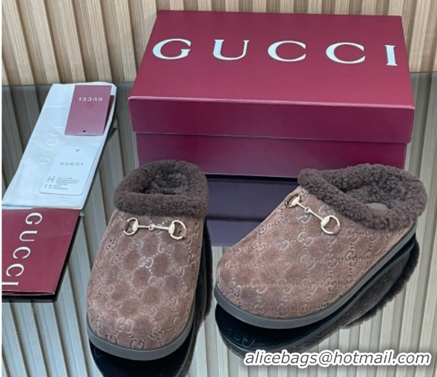 Reasonable Price Gucci GG Suede and Wool Flat Mules with Horsebit Dark Brown 836057 1020004
