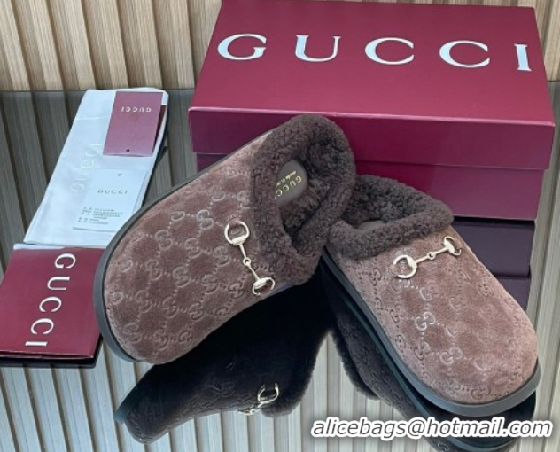 Reasonable Price Gucci GG Suede and Wool Flat Mules with Horsebit Dark Brown 836057 1020004