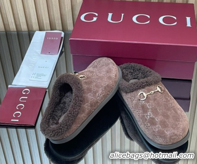 Reasonable Price Gucci GG Suede and Wool Flat Mules with Horsebit Dark Brown 836057 1020004