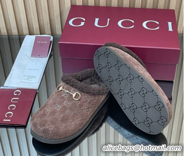 Reasonable Price Gucci GG Suede and Wool Flat Mules with Horsebit Dark Brown 836057 1020004