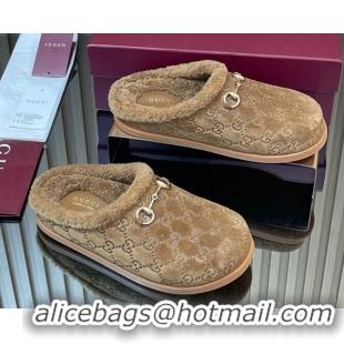 Classic Practical Gucci GG Suede and Wool Flat Mules with Horsebit Brown 836057 1020005