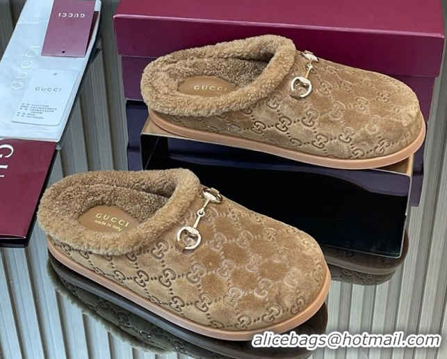 Classic Practical Gucci GG Suede and Wool Flat Mules with Horsebit Brown 836057 1020005