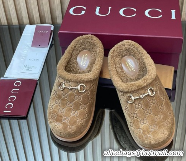 Classic Practical Gucci GG Suede and Wool Flat Mules with Horsebit Brown 836057 1020005