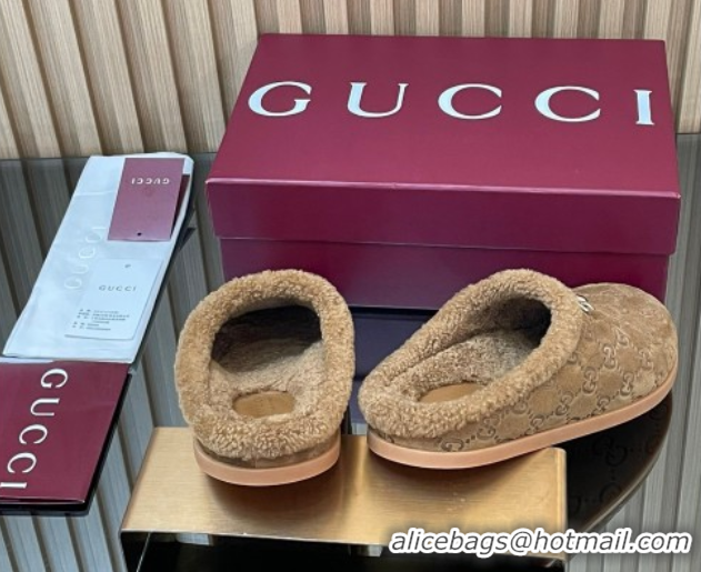 Classic Practical Gucci GG Suede and Wool Flat Mules with Horsebit Brown 836057 1020005
